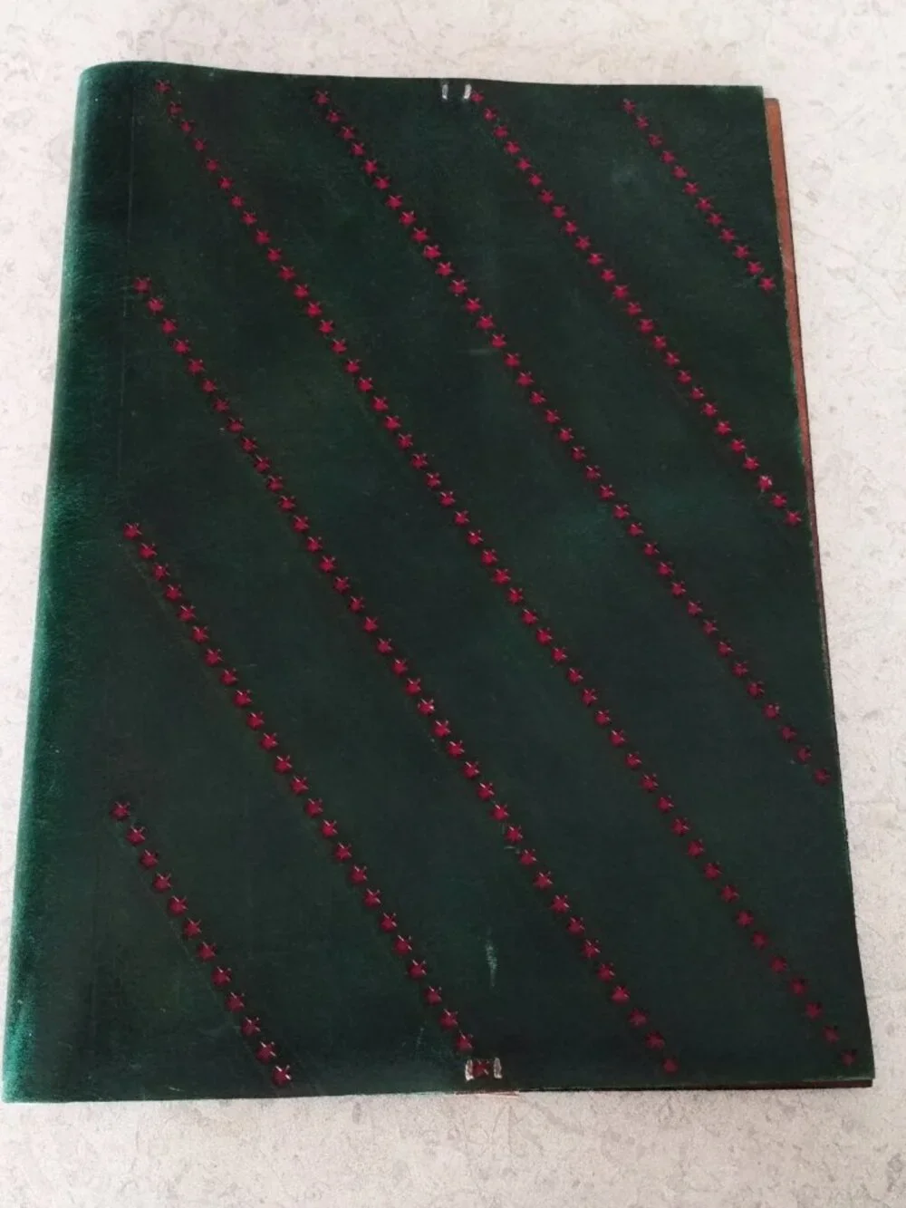 Vintage Leather Book Cover NAGY NORA Green Red Stars Handmade - Picture 12 of 16